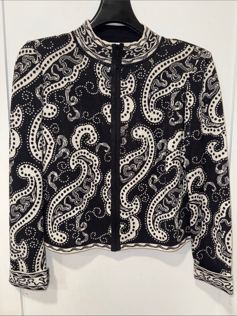 Sparkly St. John Black & White Paisley Zip-Front Jacket